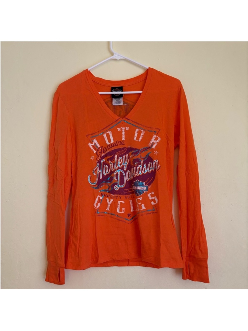 Harley-Davidson Orange V-Neck Tee with Black Logo Tag